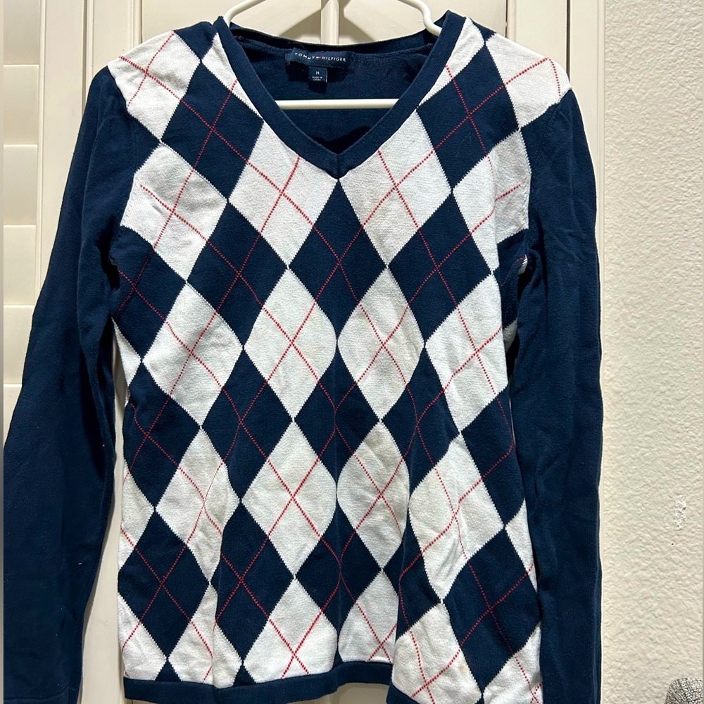 Tommy Hilfiger V-neck Argyle Sweater Women's Size M Blue White Red